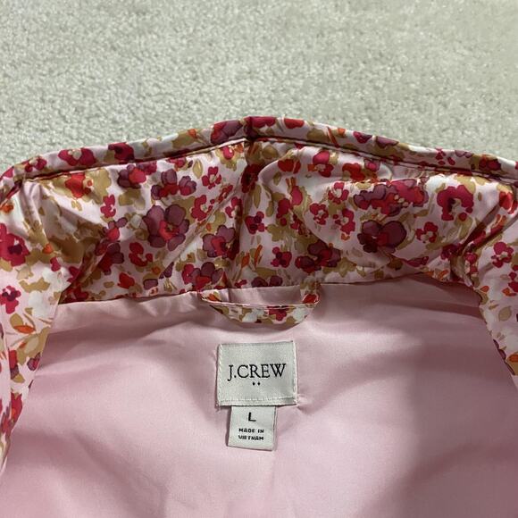 J.Crew Vest Womens L Pink Floral Quilted Puffer Zip Pockets Cabincore Preppy - Picture 2 of 7